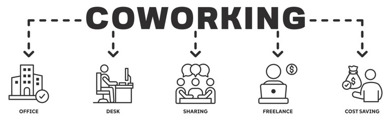 Coworking banner web icon vector illustration concept with icon of office, desk, sharing, freelance, cost saving 