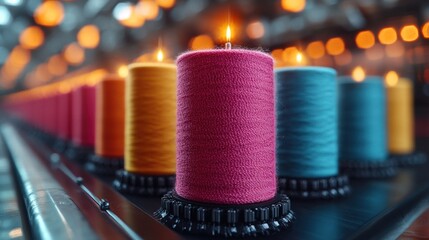 Colorful textile spools aligned in industrial manufacturing setting