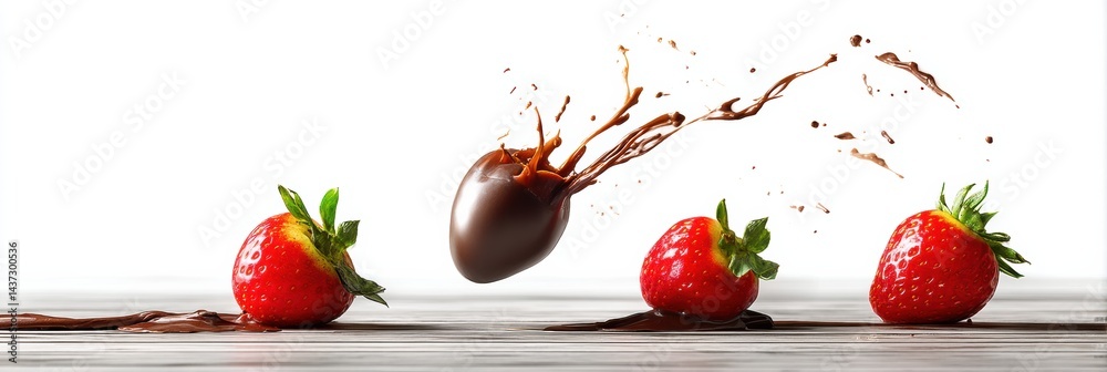 Poster Chocolate Dipped Strawberry Hovering Above Fresh Strawberries With Chocolate Splash in High-Key Style, Creating a Delightful Visual Experience