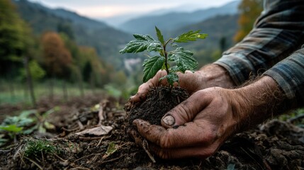Hands nurturing a young hazelnut tree in rich soil amidst a blurred hilly landscape
