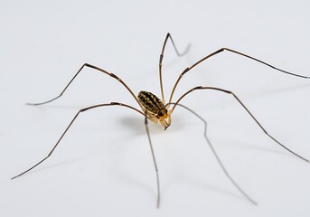 Close up view of a harvestman arachnid with long legs on a white surface in detailed focus shot