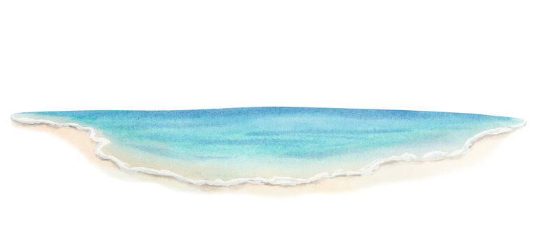 Horizontal seascape watercolor illustration isolated on white. Ocean coast with sand clip art for tropical and summer vacation designs in bright blue and turquoise colors