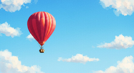 Naklejka premium Red Hot Air Balloon Soaring Through a Vivid Blue Sky with Fluffy White Clouds