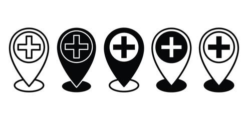 Medical Location Icons Black and White Plus Sign Map Markers Vector Design