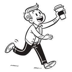 Cheerful Retro Cartoon Man Running with a Coffee Cup, Outline Style, Vintage Feel