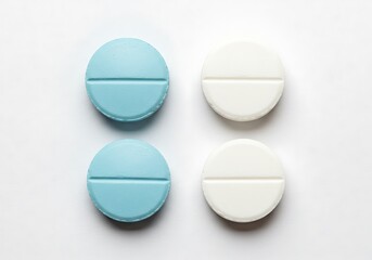 Close up shot of two blue and two white round pills with a score line on a white background