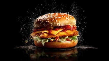 A juicy chicken sandwich with a splash of water captured on a realistic black background for culinary appeal