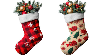 colorful Christmas stockings filled with fest on white background