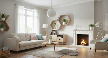 Fototapeta premium Cozy living room with fireplace and soft textures