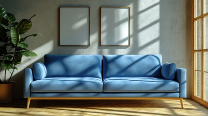 Modern living room interior with blue couch and framed artwork