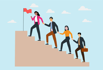business leadership concept illustration group of diverse people business outfits walking up the steps following a leader looking ahead background clipart