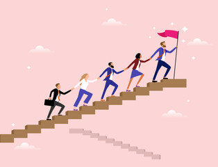 business leadership concept illustration group of diverse people business outfits walking up the steps following a leader looking ahead background clipart