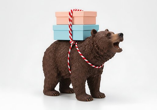 Brown bear figurine carrying pastel gift boxes tied with red and white string on its back standing still