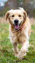 Happy golden retriever racing across a sunny field towards the camera