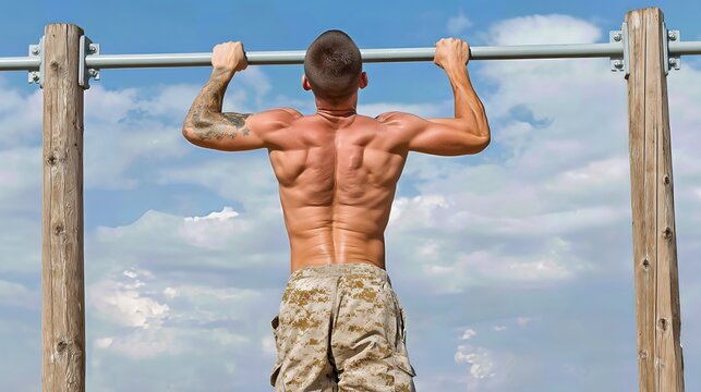 The soldier's muscles strain as they complete another pull-up, honing their strength in military fitness.

 - Powered by Adobe