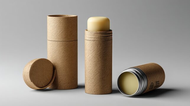 Eco-friendly cylindrical deodorant tube showcased in a minimalist setting