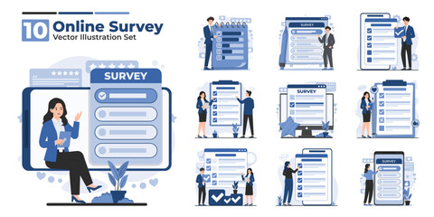 Collection of online survey illustrations showing mobile feedback, user review, and rating concepts designed for customer experience improvement and data collection analysis needs