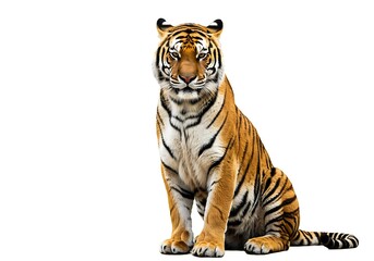 Obraz premium A majestic tiger sitting upright and looking directly at the viewer on a white background image