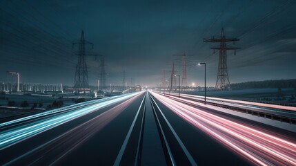 Dynamic highway scene with bright light trails from vehicles showcasing embedded energy grids for future mobility
