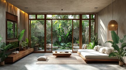 Fototapeta premium Modern Zen Living Room with Tropical Garden View