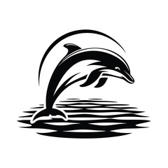 Naklejka premium Elegant Silhouette Dolphin Leaping from Water Under Arch, Stylized Black and White Art