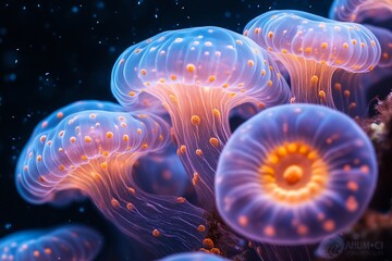 Glowing Abstract Microorganisms Forming Vibrant Underwater Coral Reef Structures