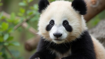 Obraz premium Baby panda is sitting on a branch. The baby panda is looking at the camera