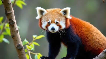 Red panda on a tree on a sunny day.