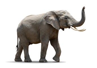 Fototapeta premium An african elephant walking with its trunk raised on a white background in a studio shot image
