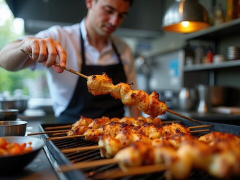 Male chef prepares grilled chicken on a skewer.