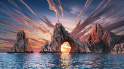 El Arco sunset framed by rock pillars glowing over deep turquoise sea