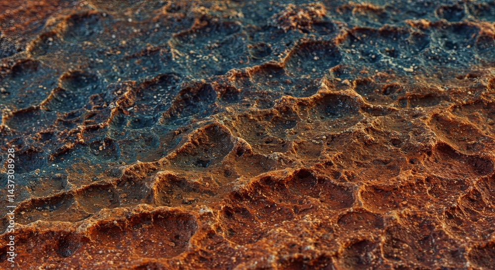 Poster the image is of a rocky, brown surface with a blue and black pattern