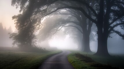 Misty road through forest with golden light and foggy atmosphere