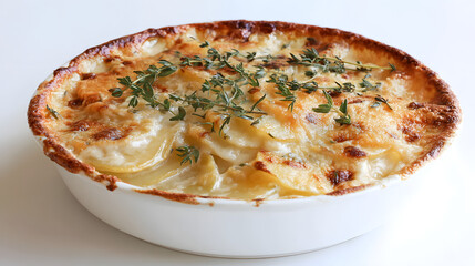 Classic Gratin Dauphinois with Layers of Thinly Sliced Potatoes and Creamy Cheese Topped with Thyme