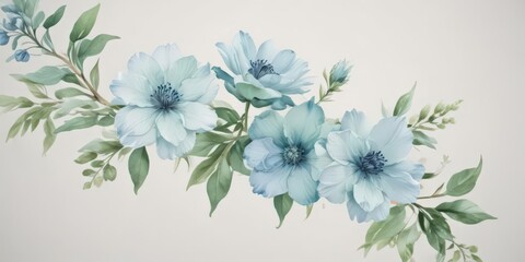 Obraz premium Subtle blue & green watercolor blooms on a creamy white backdrop , vintage, romantic, pattern
