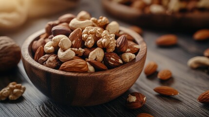 Aesthetic presentation of mixed nuts in wooden bowl enhancing natural food appeal