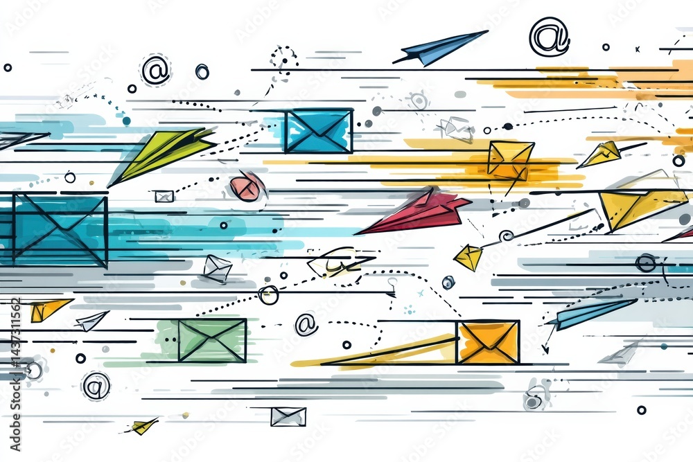 Poster Stylized Email Icons and Communication Lines Dynamic Atmosphere Showcasing the Digital Flow of Information