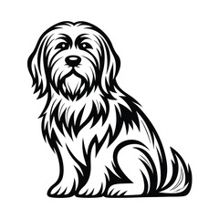 Minimalist Havanese Dog Illustration, Sitting Profile, Black and White, Detailed Fur