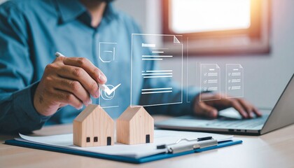 Real Estate Management, Professional Using Digital Technology and Online Tools for Property Analysis and Checklist in a Modern Workspace.