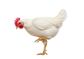A white chicken standing on one leg with a red comb isolated against a white background studio shot