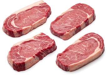 Four raw beef steaks with visible marbling arranged on a plain white surface in a studio setting