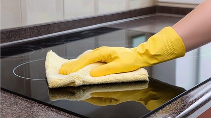 A hand carefully wipes the glass stovetop with a clean cloth, leaving a shiny, spotless surface.

