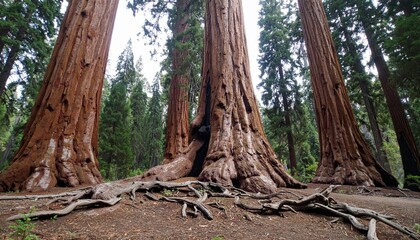 Towering sequoia trees with massive trunks and sprawling roots, forming a dense, ancient woodland.