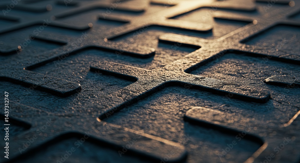Poster A close up of a black metal surface with a pattern of squares and triangles