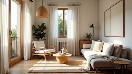 Cozy japandi style living room featuring soft textures and warm tones in a small apartment setting ideal for relaxation and comfort