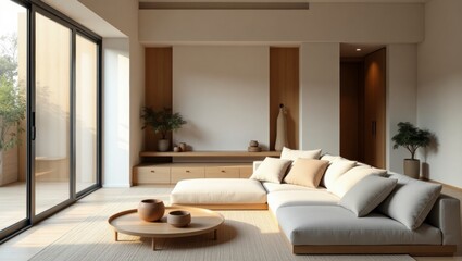 A tranquil japandi-style apartment living room designed as a calm urban retreat featuring minimalist decor and inviting earthy tones