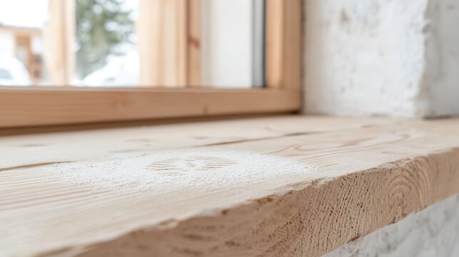 Fototapeta Closeup of Light Natural Wood Window Sill Against White Brick Wall