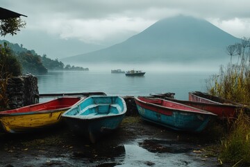 Colorful boats on lake shore with misty mountains and village