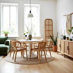 Fototapeta premium Cozy minimalist interior featuring rattan chairs, plants, and woven details.
