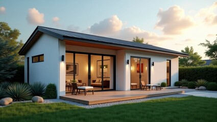 Fototapeta premium Charming small modern house with a cozy patio offering a welcoming exterior design surrounded by lush greenery and scenic views